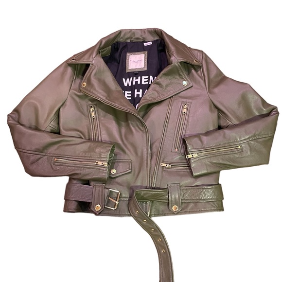EACH X OTHER PARIS  LEATHER BELTED BIKER JACKET KHAKI GREEN UNISEX SIZE S - Picture 3 of 14